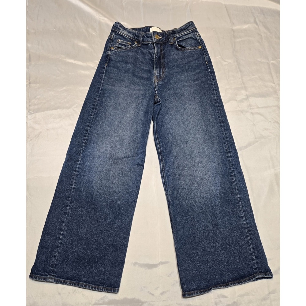 H&M Wide Leg Blue Jeans Size 2 Mid Rise Barrel Stretch Med Wash